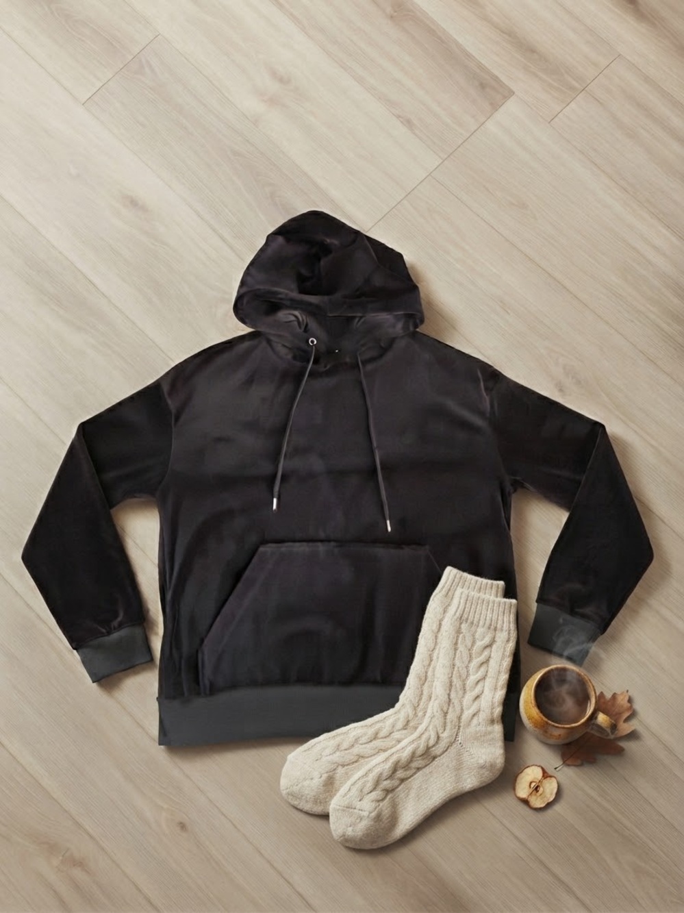 Divided Black Velour Drawstring Hoodie Small